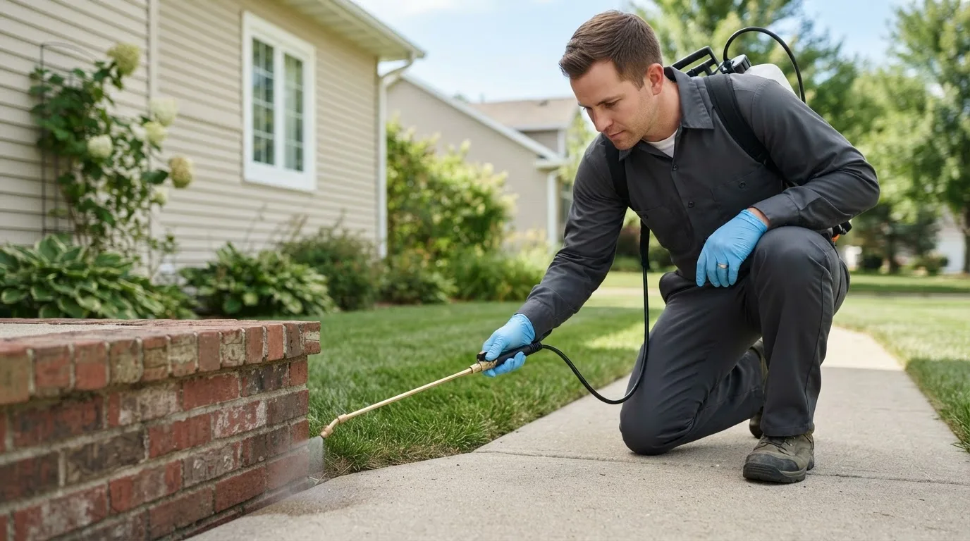 Pest control technician treating a home near Bertrand, MO